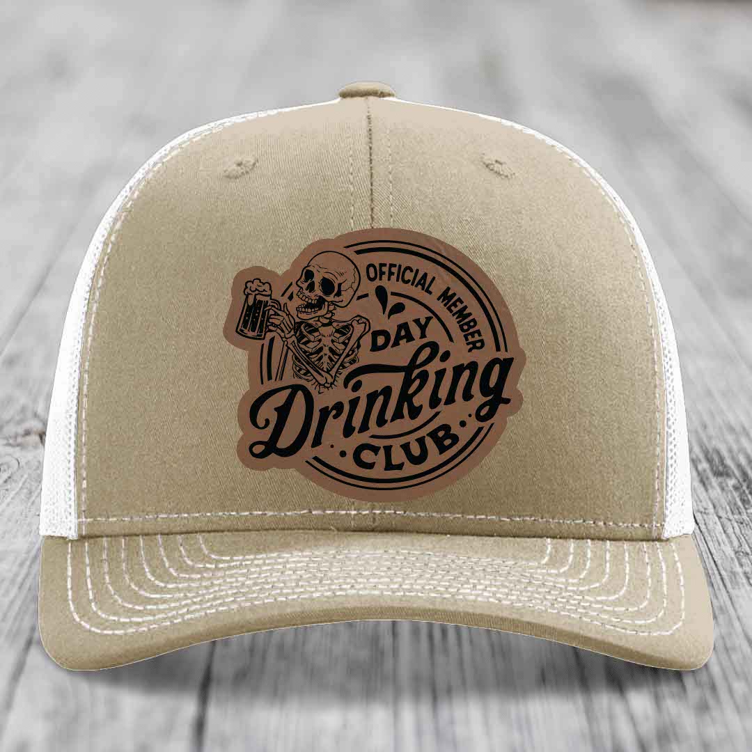 Official Member, Day Drinking Club - Leather Patch Hat - Dark Brown to Black Patch - Richardson 112 Snapback Trucker Hat
