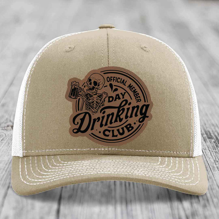 Official Member, Day Drinking Club - Leather Patch Hat - Dark Brown to Black Patch - Richardson 112 Snapback Trucker Hat