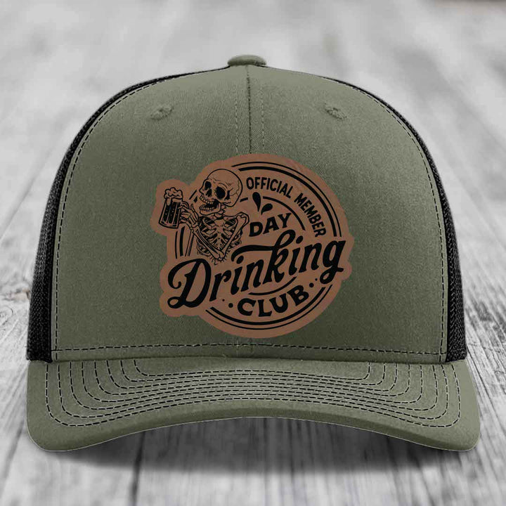 Official Member, Day Drinking Club - Leather Patch Hat - Dark Brown to Black Patch - Richardson 112 Snapback Trucker Hat