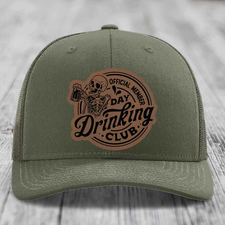 Official Member, Day Drinking Club - Leather Patch Hat - Dark Brown to Black Patch - Richardson 112 Snapback Trucker Hat