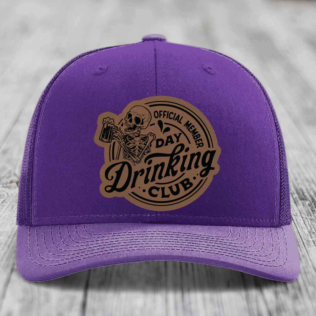 Official Member, Day Drinking Club - Leather Patch Hat - Dark Brown to Black Patch - Richardson 112 Snapback Trucker Hat