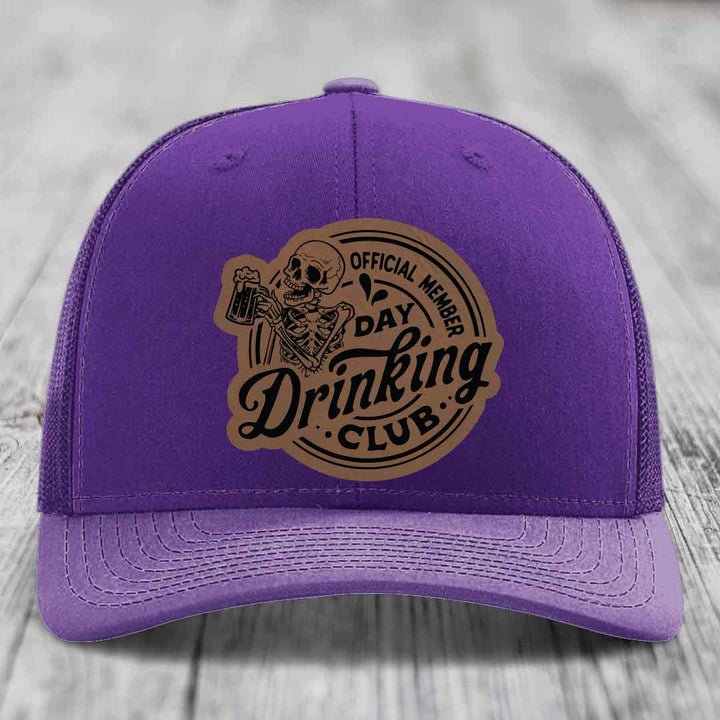 Official Member, Day Drinking Club - Leather Patch Hat - Dark Brown to Black Patch - Richardson 112 Snapback Trucker Hat