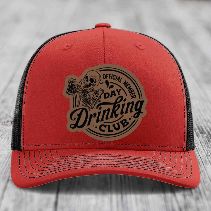 Official Member, Day Drinking Club - Leather Patch Hat - Dark Brown to Black Patch - Richardson 112 Snapback Trucker Hat