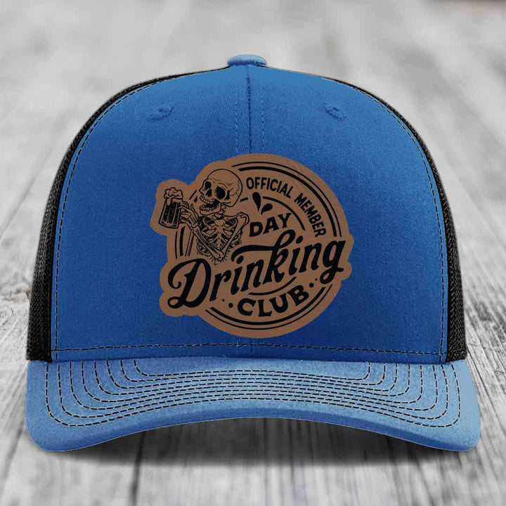 Official Member, Day Drinking Club - Leather Patch Hat - Dark Brown to Black Patch - Richardson 112 Snapback Trucker Hat