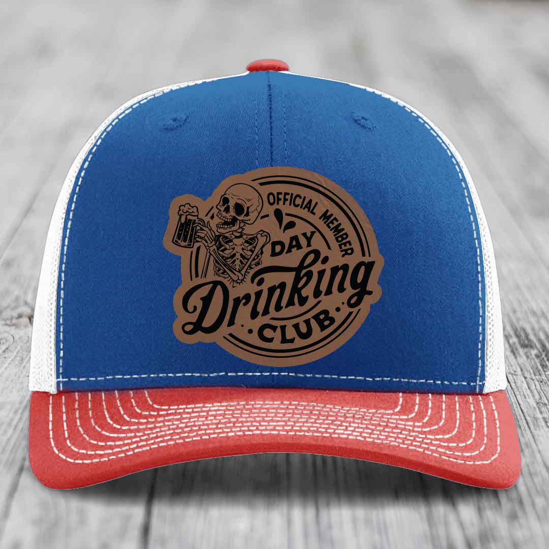 Official Member, Day Drinking Club - Leather Patch Hat - Dark Brown to Black Patch - Richardson 112 Snapback Trucker Hat