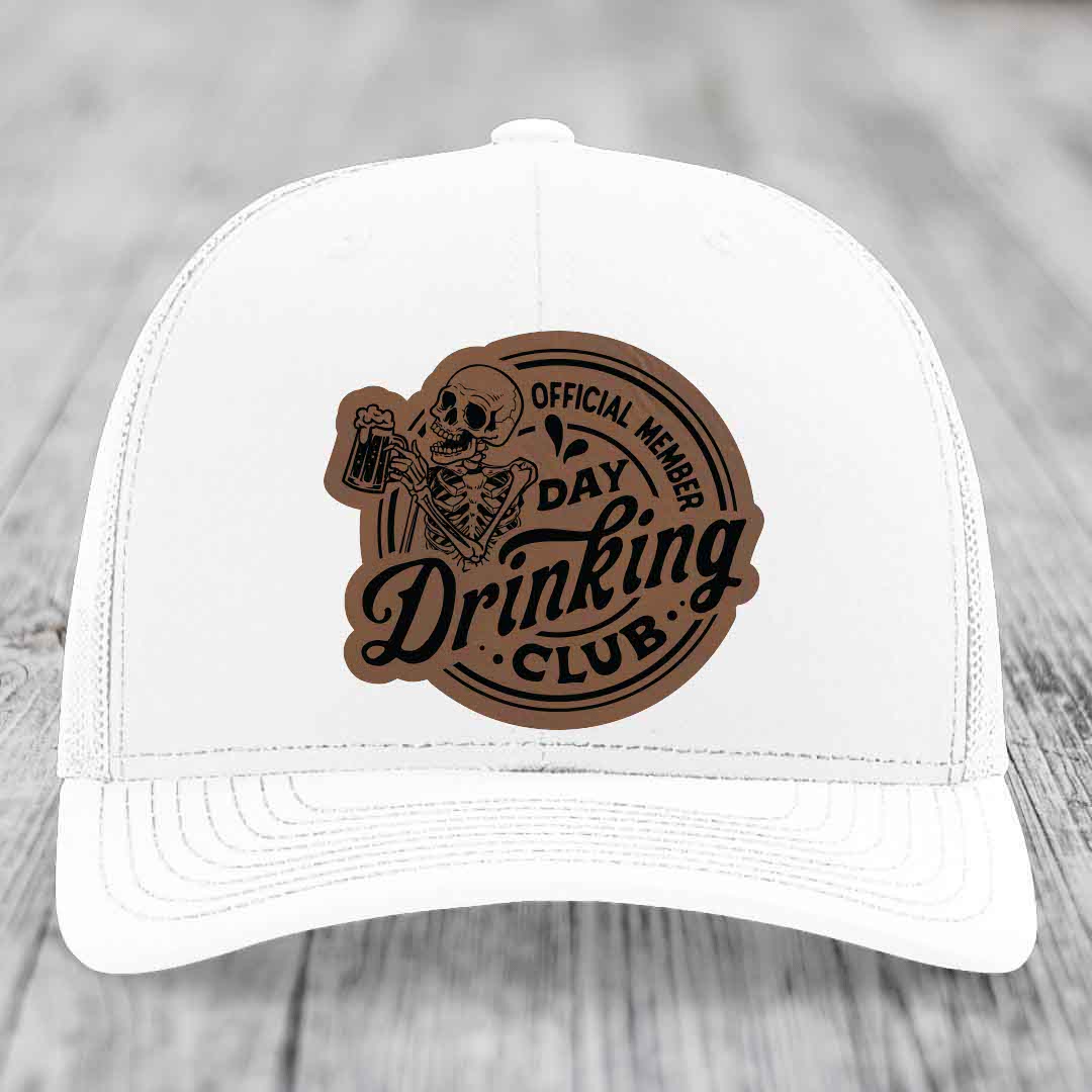 Official Member, Day Drinking Club - Leather Patch Hat - Dark Brown to Black Patch - Richardson 112 Snapback Trucker Hat