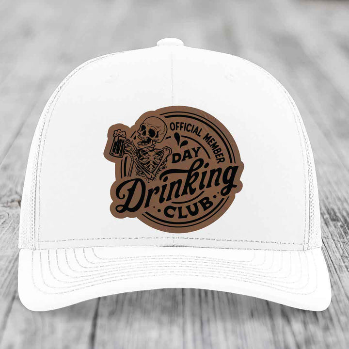 Official Member, Day Drinking Club - Leather Patch Hat - Dark Brown to Black Patch - Richardson 112 Snapback Trucker Hat