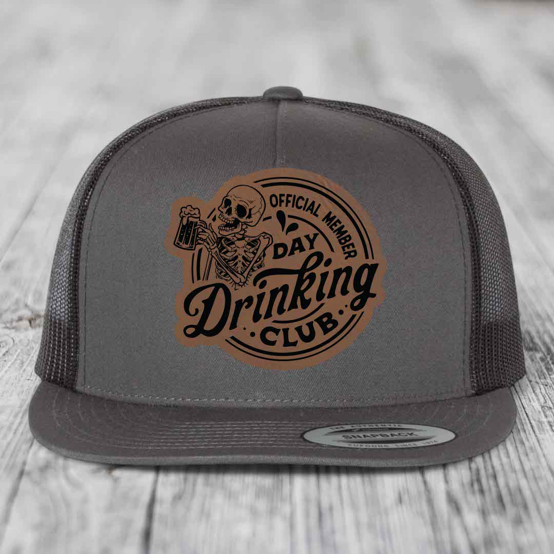 Official Member, Day Drinking Club - Leather Patch Hat - Dark Brown to Black Patch - Yupoong 6006 Snapback Flatbill Hat