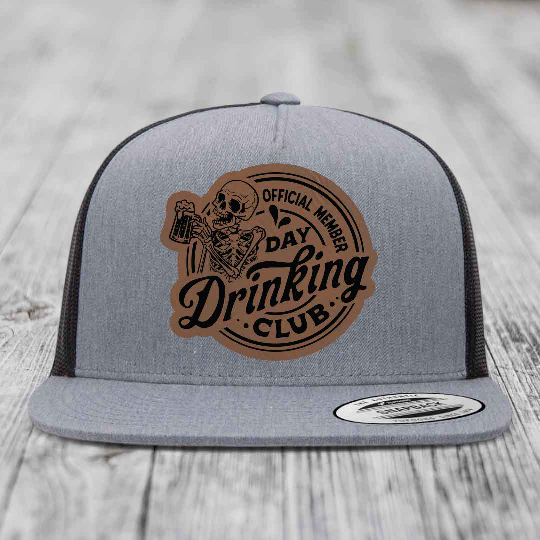 Official Member, Day Drinking Club - Leather Patch Hat - Dark Brown to Black Patch - Yupoong 6006 Snapback Flatbill Hat