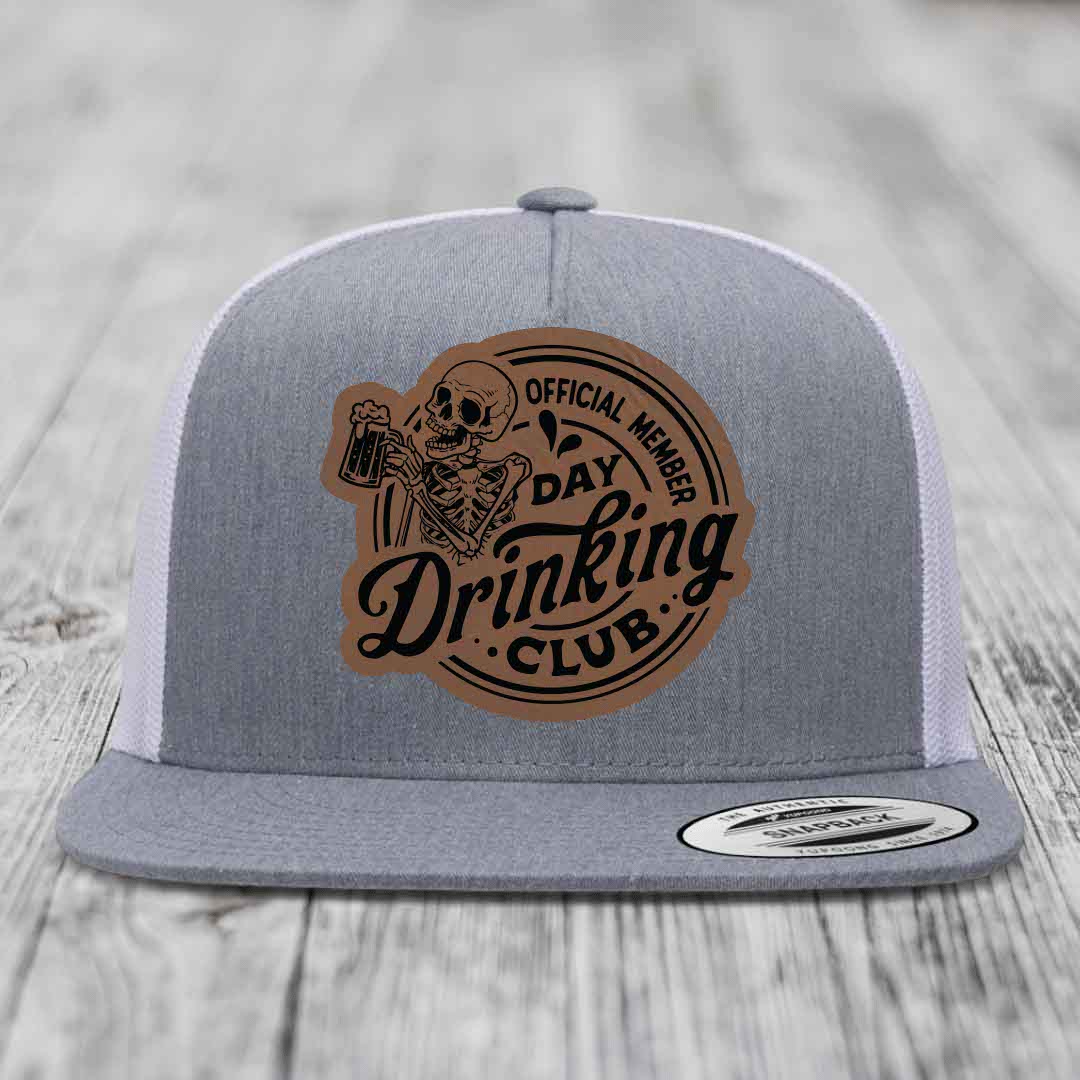 Official Member, Day Drinking Club - Leather Patch Hat - Dark Brown to Black Patch - Yupoong 6006 Snapback Flatbill Hat