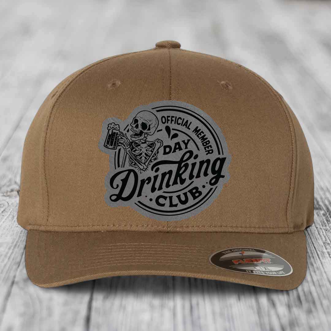 Official Member, Day Drinking Club - Leather Patch Hat - Grey to Black Patch - Flexfit 6277 Fitted Hat