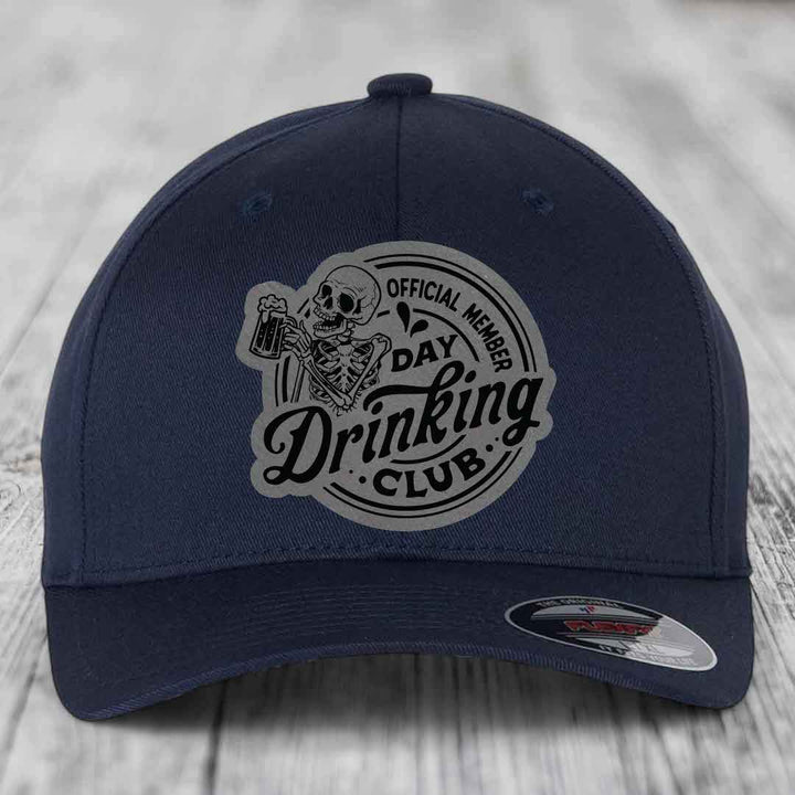 Official Member, Day Drinking Club - Leather Patch Hat - Grey to Black Patch - Flexfit 6277 Fitted Hat