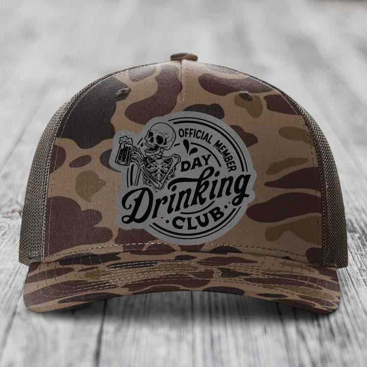 Official Member, Day Drinking Club - Leather Patch Hat - Grey to Black Patch - Richardson 112PFP Snapback Trucker Hat