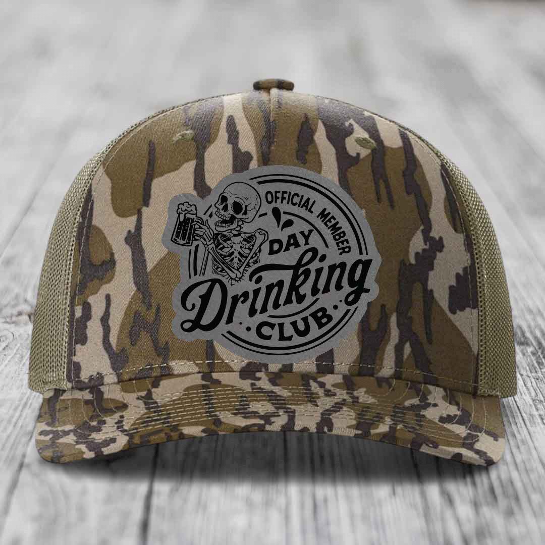 Official Member, Day Drinking Club - Leather Patch Hat - Grey to Black Patch - Richardson 112PFP Snapback Trucker Hat