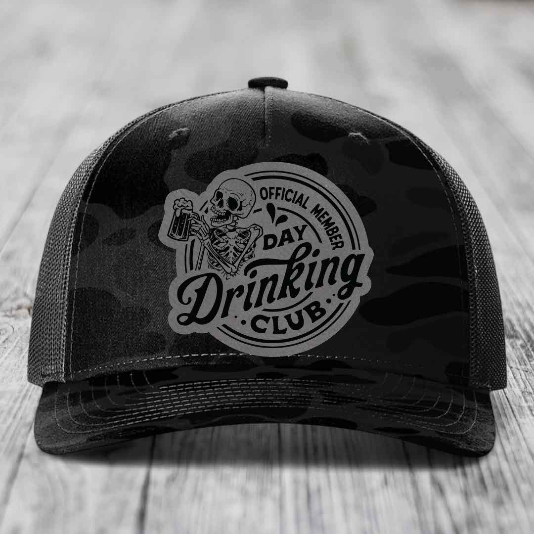 Official Member, Day Drinking Club - Leather Patch Hat - Grey to Black Patch - Richardson 112PFP Snapback Trucker Hat