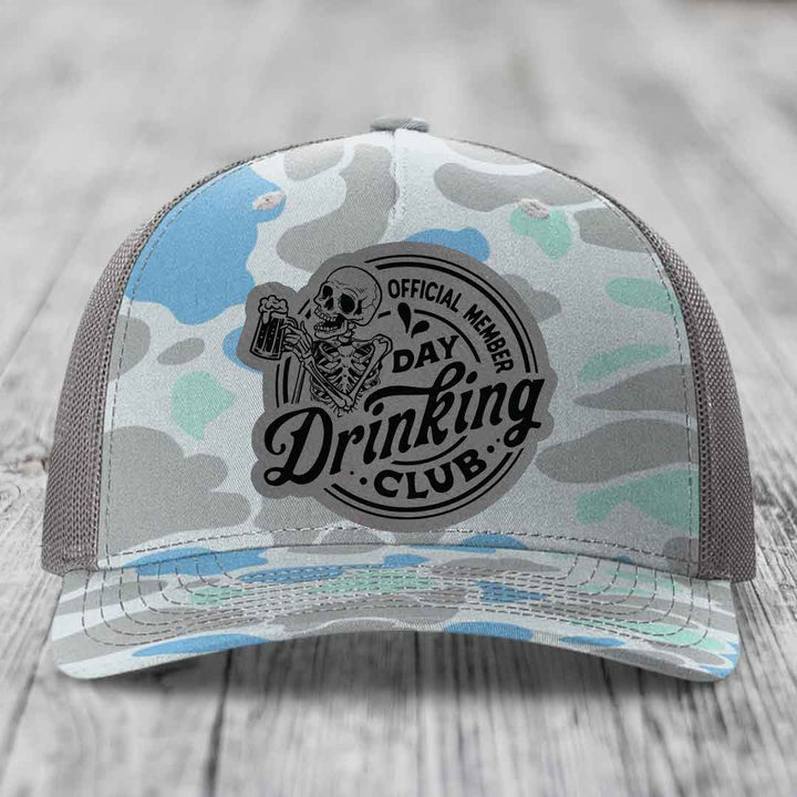 Official Member, Day Drinking Club - Leather Patch Hat - Grey to Black Patch - Richardson 112PFP Snapback Trucker Hat