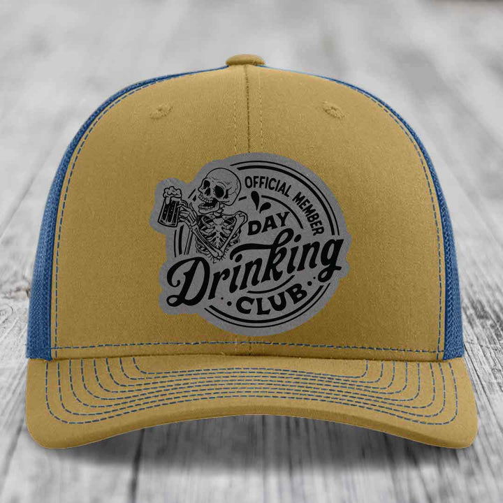Official Member, Day Drinking Club - Leather Patch Hat - Grey to Black Patch - Richardson 112 Snapback Trucker Hat