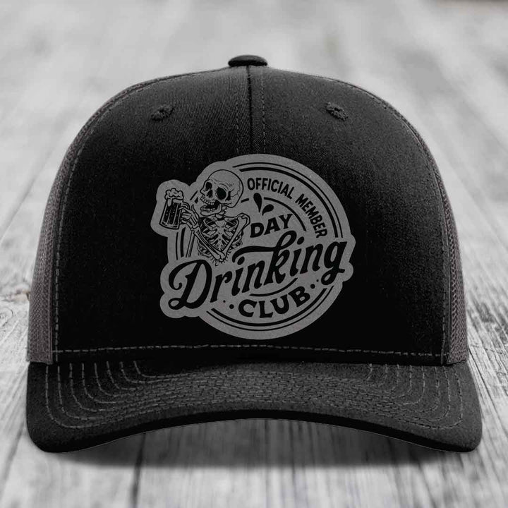 Official Member, Day Drinking Club - Leather Patch Hat - Grey to Black Patch - Richardson 112 Snapback Trucker Hat