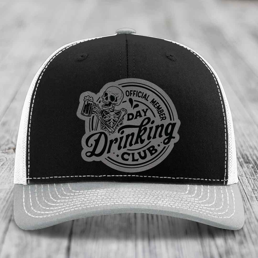 Official Member, Day Drinking Club - Leather Patch Hat - Grey to Black Patch - Richardson 112 Snapback Trucker Hat