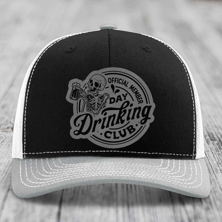 Official Member, Day Drinking Club - Leather Patch Hat - Grey to Black Patch - Richardson 112 Snapback Trucker Hat