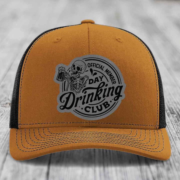 Official Member, Day Drinking Club - Leather Patch Hat - Grey to Black Patch - Richardson 112 Snapback Trucker Hat