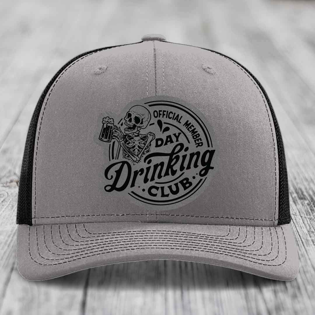 Official Member, Day Drinking Club - Leather Patch Hat - Grey to Black Patch - Richardson 112 Snapback Trucker Hat