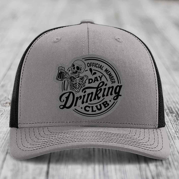 Official Member, Day Drinking Club - Leather Patch Hat - Grey to Black Patch - Richardson 112 Snapback Trucker Hat