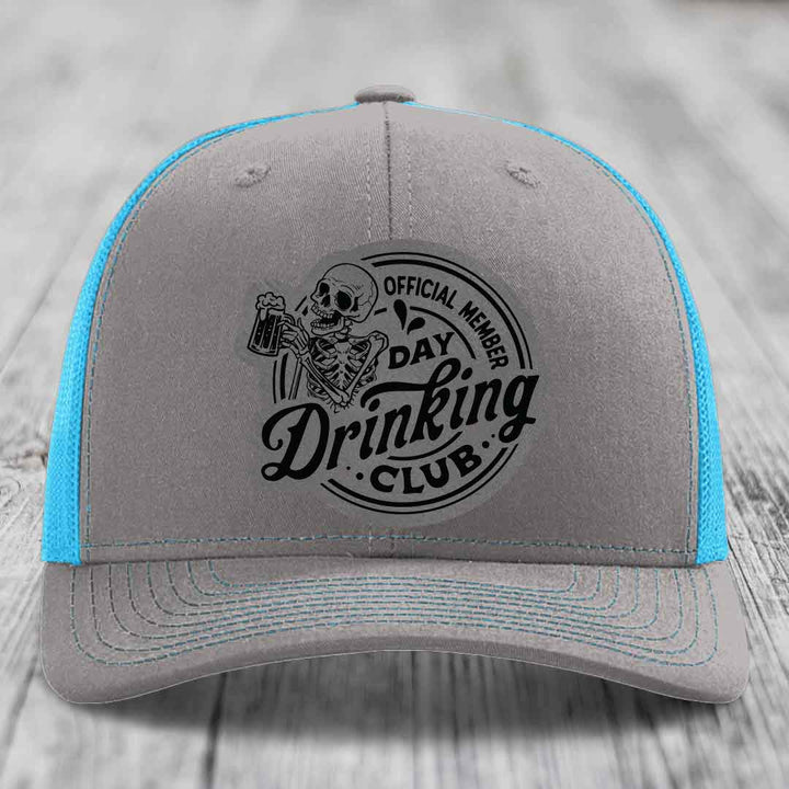 Official Member, Day Drinking Club - Leather Patch Hat - Grey to Black Patch - Richardson 112 Snapback Trucker Hat