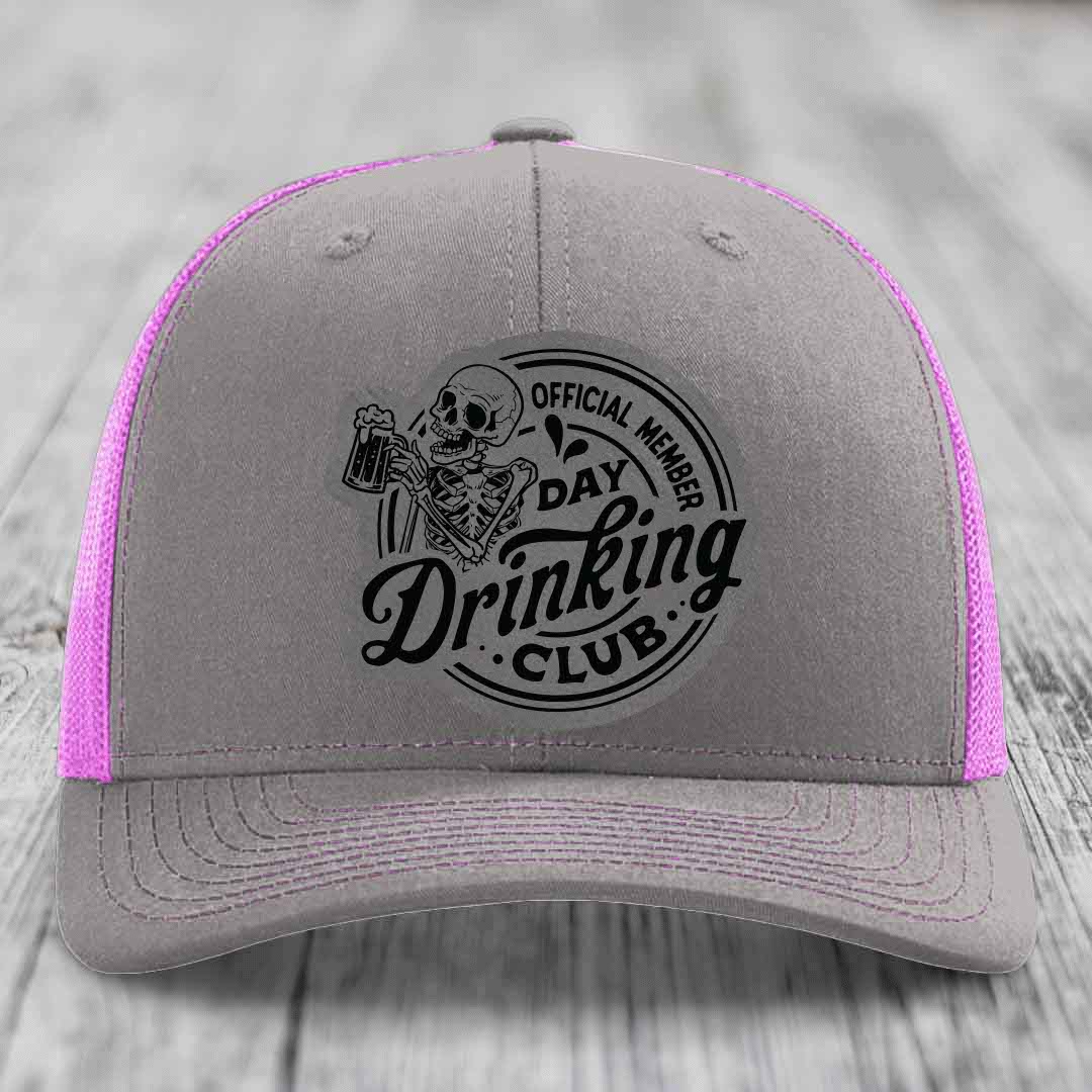 Official Member, Day Drinking Club - Leather Patch Hat - Grey to Black Patch - Richardson 112 Snapback Trucker Hat