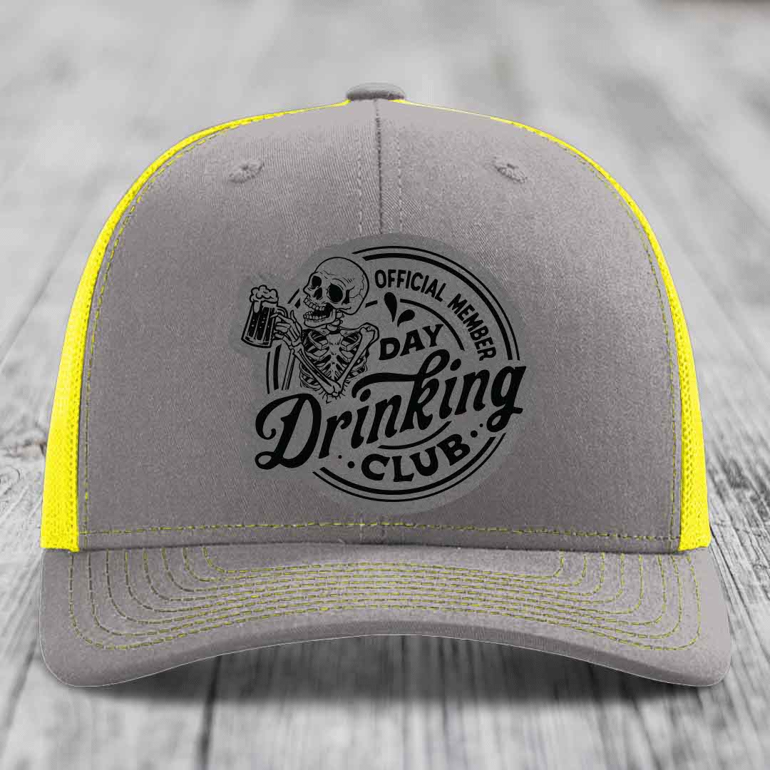 Official Member, Day Drinking Club - Leather Patch Hat - Grey to Black Patch - Richardson 112 Snapback Trucker Hat