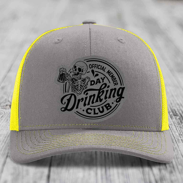 Official Member, Day Drinking Club - Leather Patch Hat - Grey to Black Patch - Richardson 112 Snapback Trucker Hat