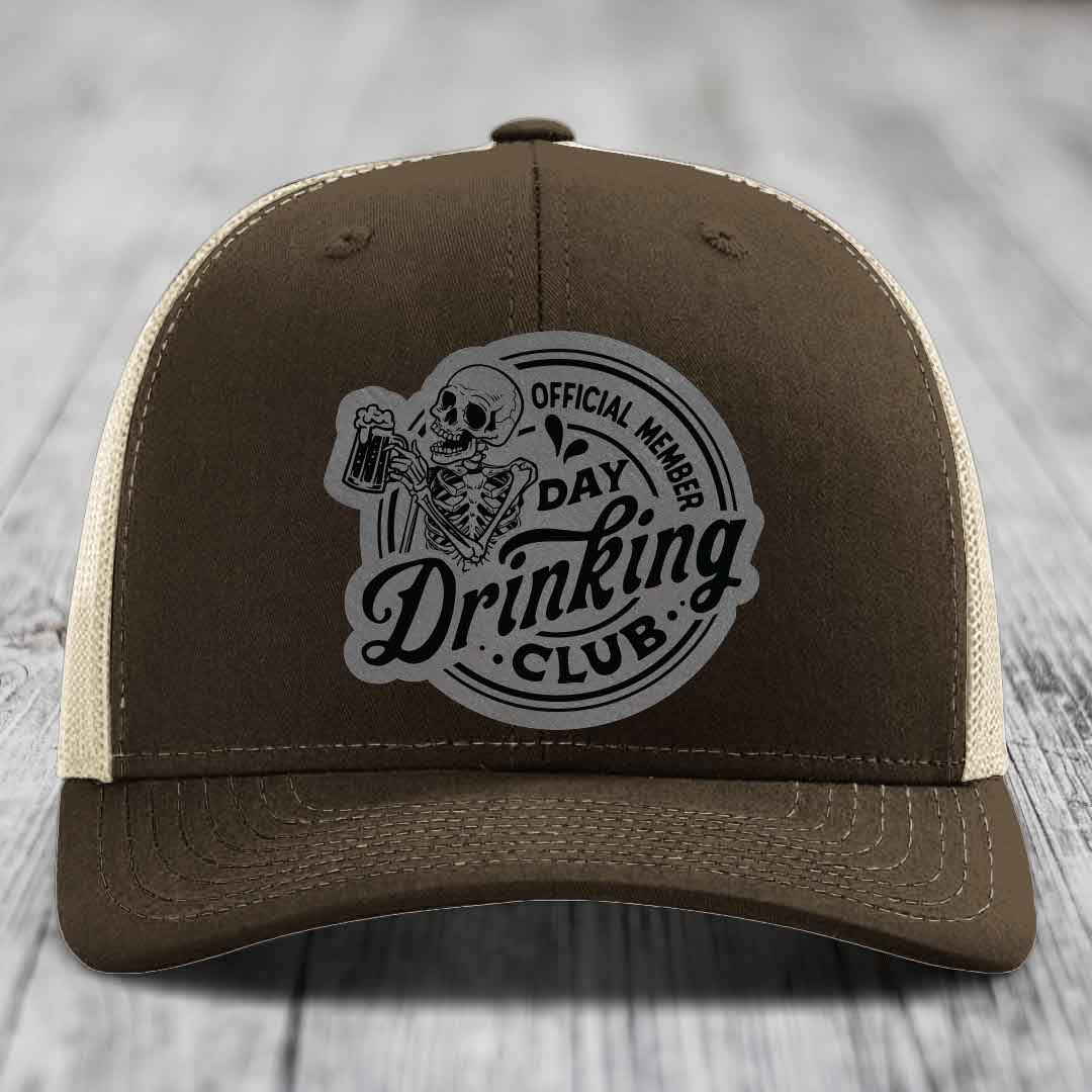 Official Member, Day Drinking Club - Leather Patch Hat - Grey to Black Patch - Richardson 112 Snapback Trucker Hat
