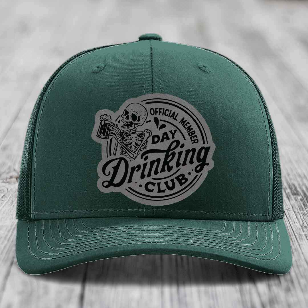 Official Member, Day Drinking Club - Leather Patch Hat - Grey to Black Patch - Richardson 112 Snapback Trucker Hat