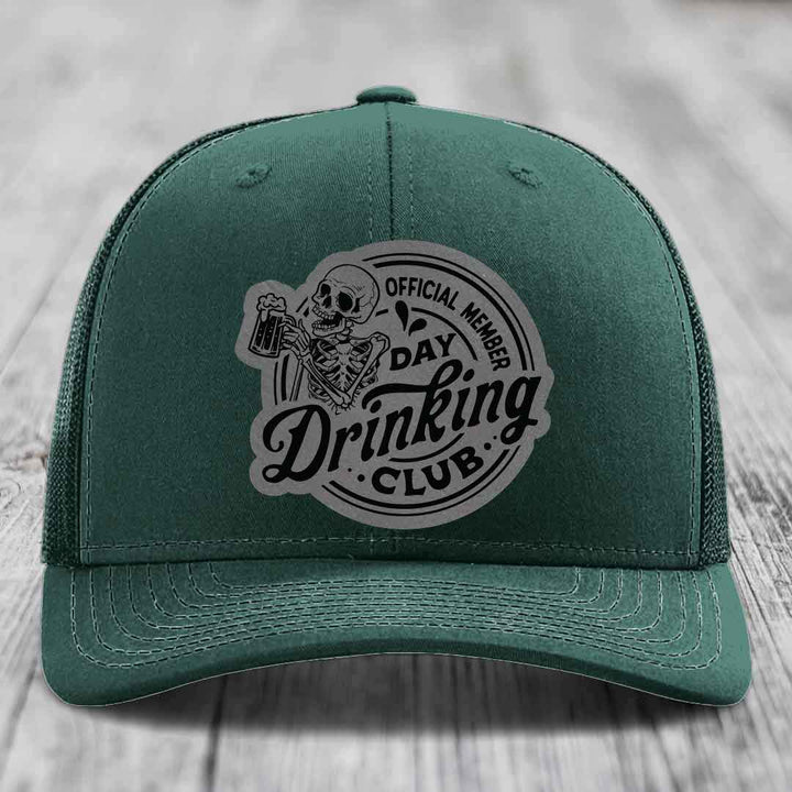 Official Member, Day Drinking Club - Leather Patch Hat - Grey to Black Patch - Richardson 112 Snapback Trucker Hat