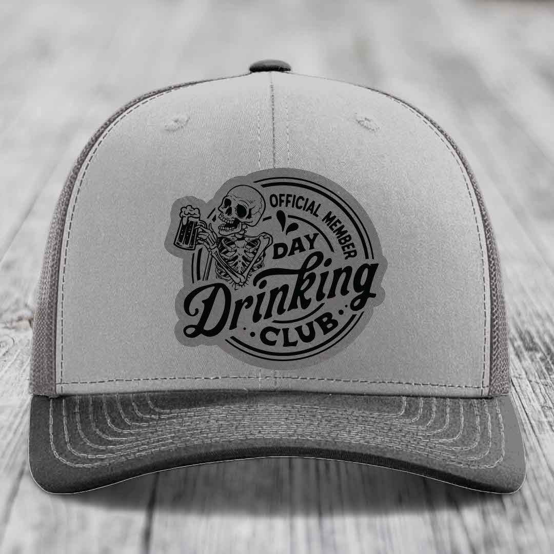 Official Member, Day Drinking Club - Leather Patch Hat - Grey to Black Patch - Richardson 112 Snapback Trucker Hat