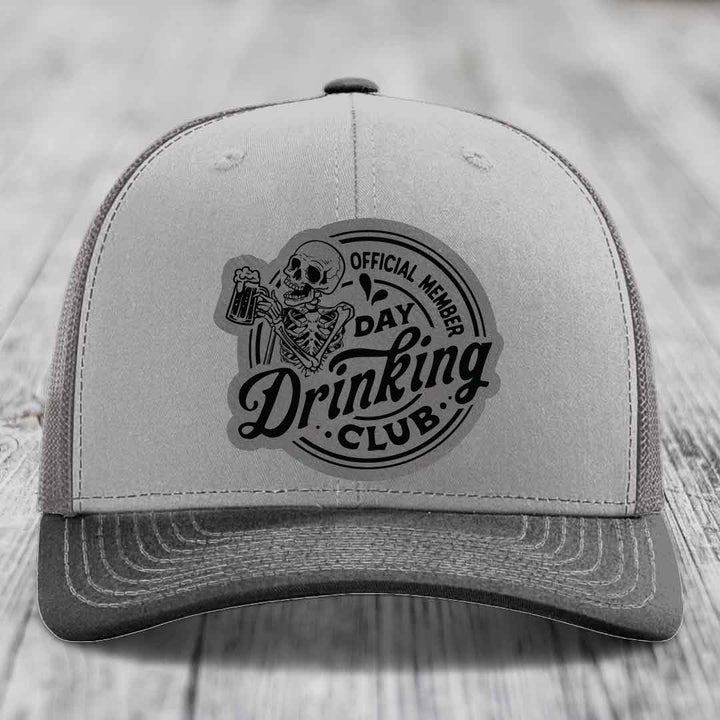 Official Member, Day Drinking Club - Leather Patch Hat - Grey to Black Patch - Richardson 112 Snapback Trucker Hat