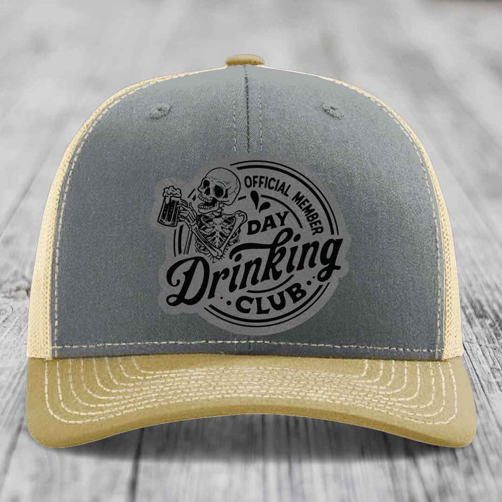 Official Member, Day Drinking Club - Leather Patch Hat - Grey to Black Patch - Richardson 112 Snapback Trucker Hat