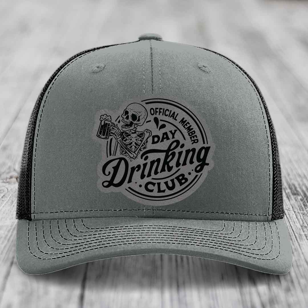 Official Member, Day Drinking Club - Leather Patch Hat - Grey to Black Patch - Richardson 112 Snapback Trucker Hat