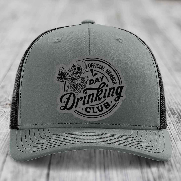 Official Member, Day Drinking Club - Leather Patch Hat - Grey to Black Patch - Richardson 112 Snapback Trucker Hat