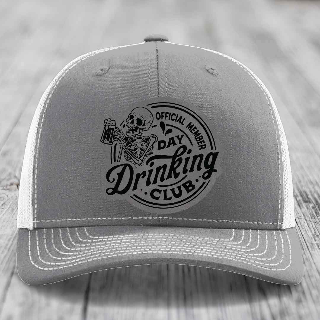 Official Member, Day Drinking Club - Leather Patch Hat - Grey to Black Patch - Richardson 112 Snapback Trucker Hat