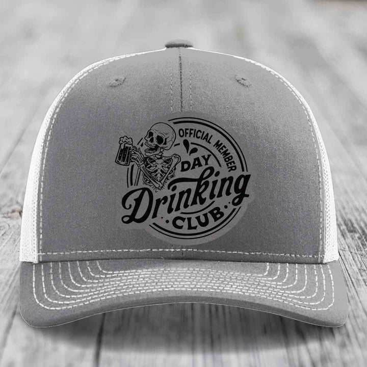 Official Member, Day Drinking Club - Leather Patch Hat - Grey to Black Patch - Richardson 112 Snapback Trucker Hat