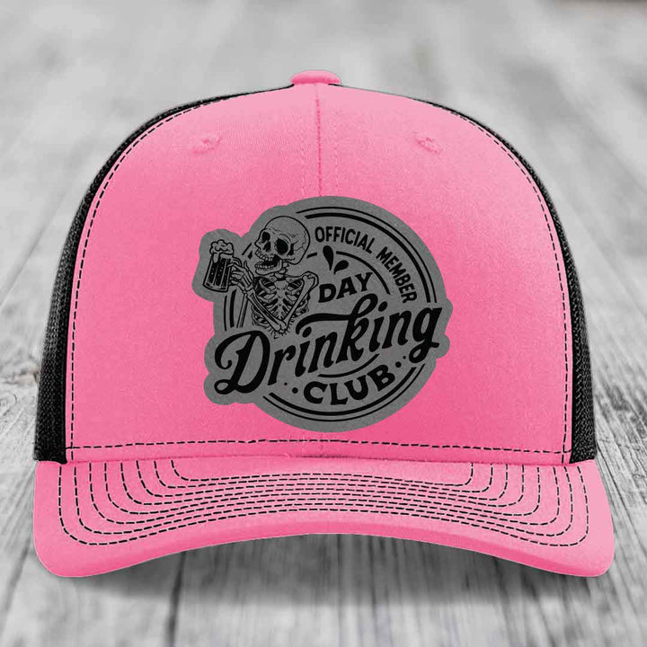 Official Member, Day Drinking Club - Leather Patch Hat - Grey to Black Patch - Richardson 112 Snapback Trucker Hat
