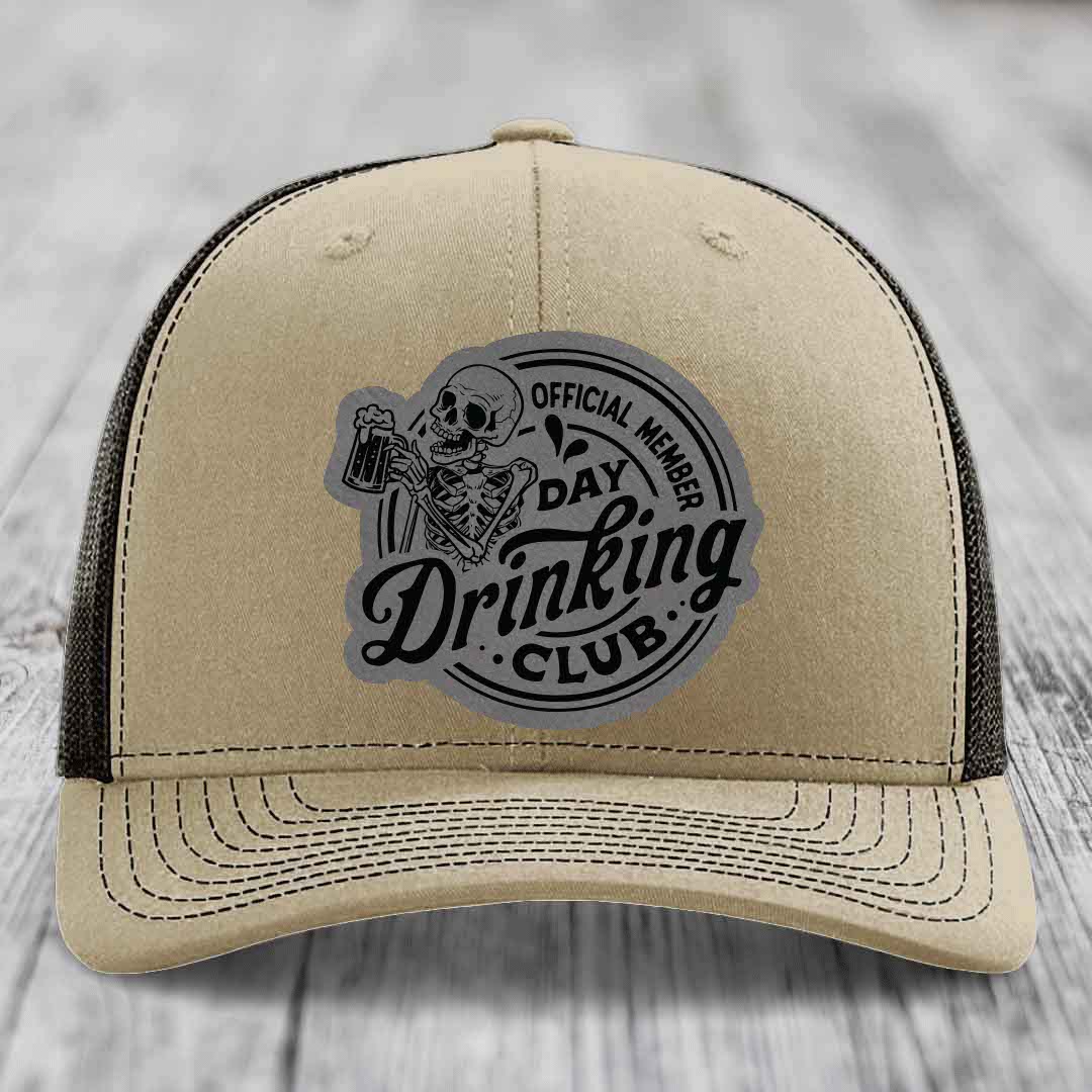 Official Member, Day Drinking Club - Leather Patch Hat - Grey to Black Patch - Richardson 112 Snapback Trucker Hat