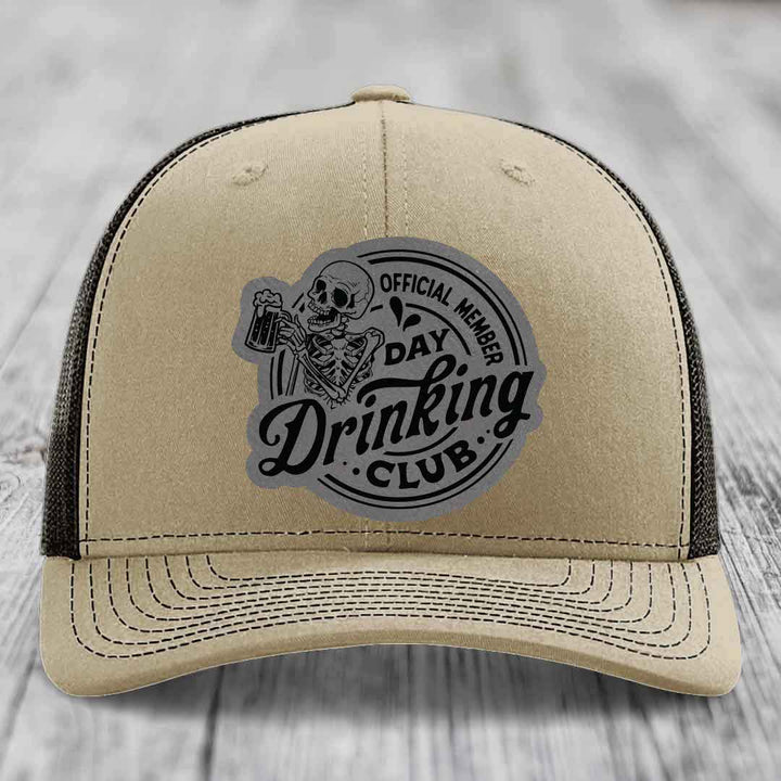 Official Member, Day Drinking Club - Leather Patch Hat - Grey to Black Patch - Richardson 112 Snapback Trucker Hat
