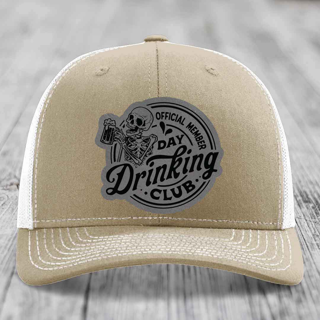 Official Member, Day Drinking Club - Leather Patch Hat - Grey to Black Patch - Richardson 112 Snapback Trucker Hat
