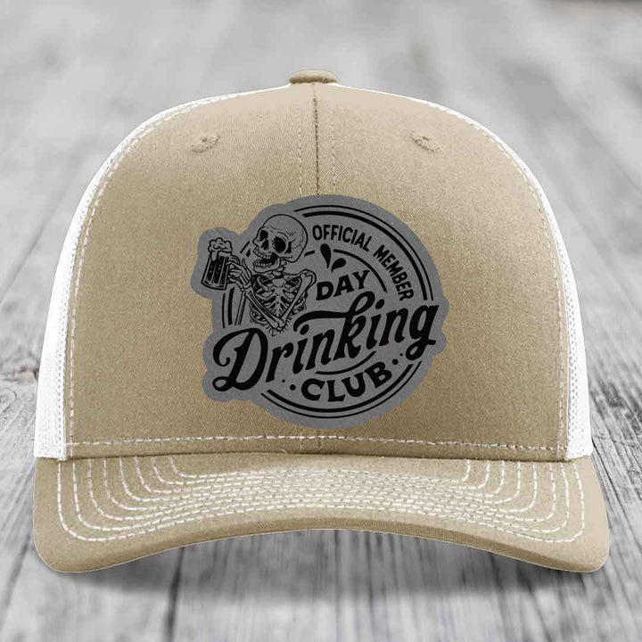 Official Member, Day Drinking Club - Leather Patch Hat - Grey to Black Patch - Richardson 112 Snapback Trucker Hat