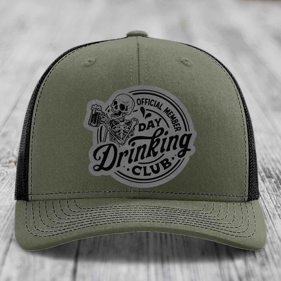 Official Member, Day Drinking Club - Leather Patch Hat - Grey to Black Patch - Richardson 112 Snapback Trucker Hat