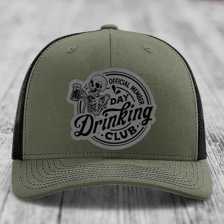 Official Member, Day Drinking Club - Leather Patch Hat - Grey to Black Patch - Richardson 112 Snapback Trucker Hat