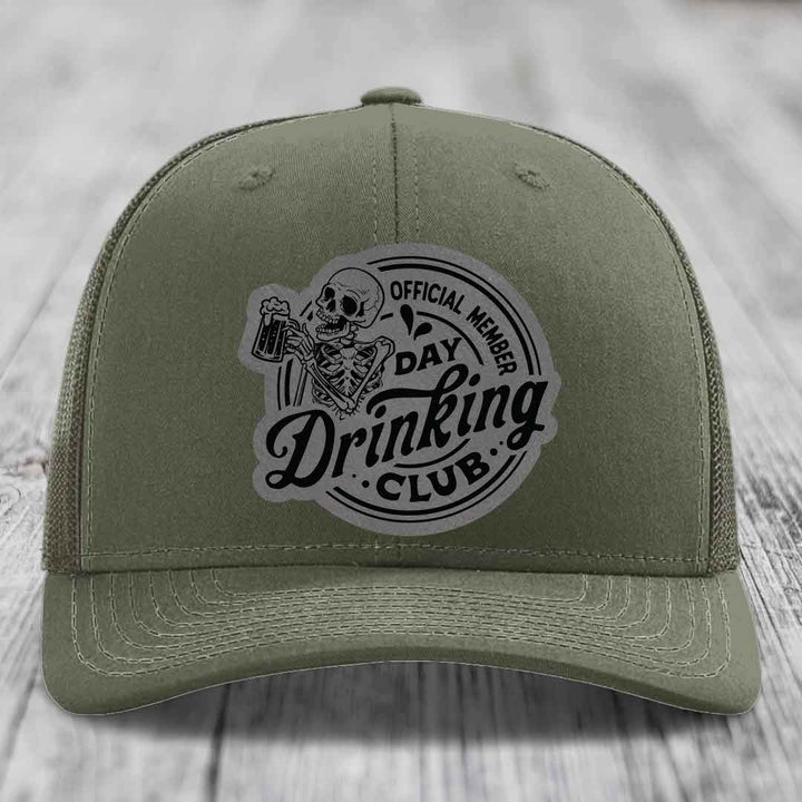 Official Member, Day Drinking Club - Leather Patch Hat - Grey to Black Patch - Richardson 112 Snapback Trucker Hat