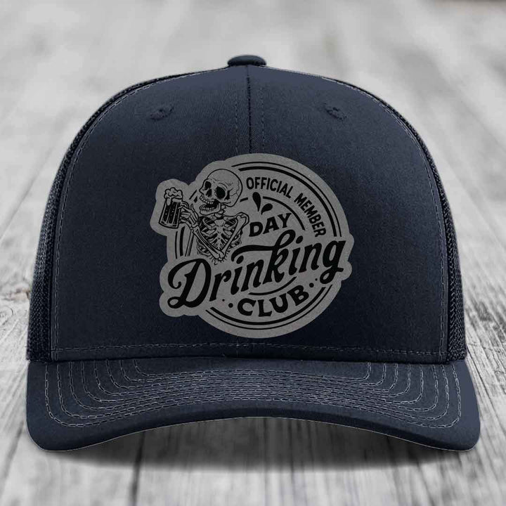 Official Member, Day Drinking Club - Leather Patch Hat - Grey to Black Patch - Richardson 112 Snapback Trucker Hat